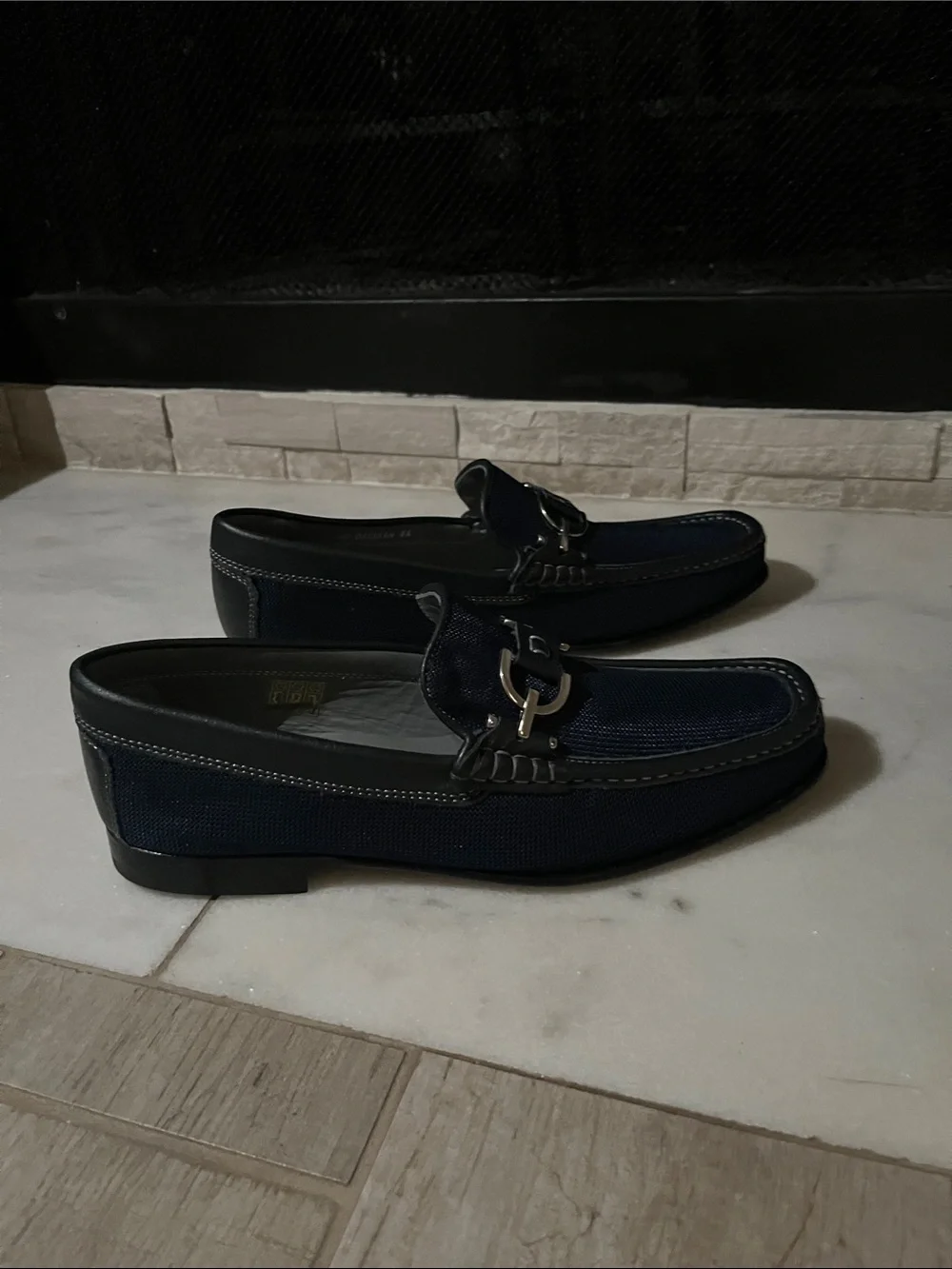 Donald J. Pliner Navy Blue Slip-On Loafers with Metal Bit